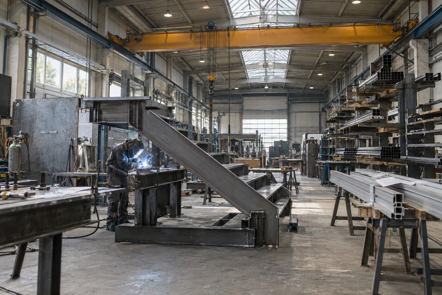 Metallbauer schweißt eine Stahlkonstruktion in der Werkhalle